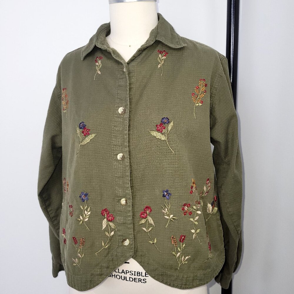 Vintage 90s Casey & Max Embroidered Floral Cotton Button Down Shirt Olive Green